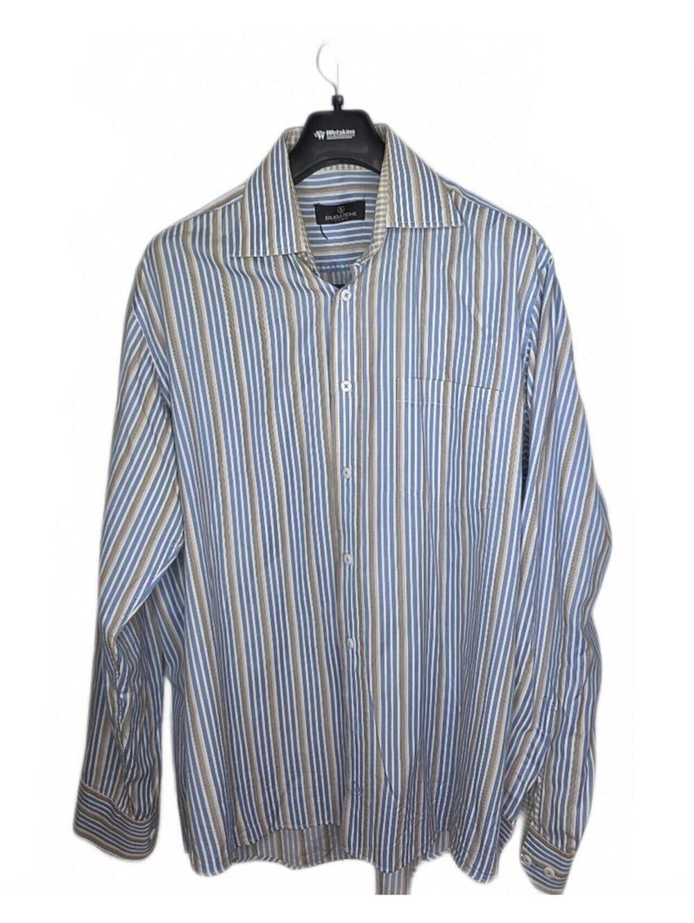 Bugatchi Blue and White Striped Cotton Button=Up Shirt Lg Classic Preppy